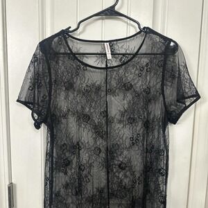 Floral lace sheer overlay high side slits short sleeve maxi dress. M